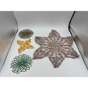 Vintage Handmade Crochet Doilies 1950s Set Of 4 Multicolor Green Orange Yellow